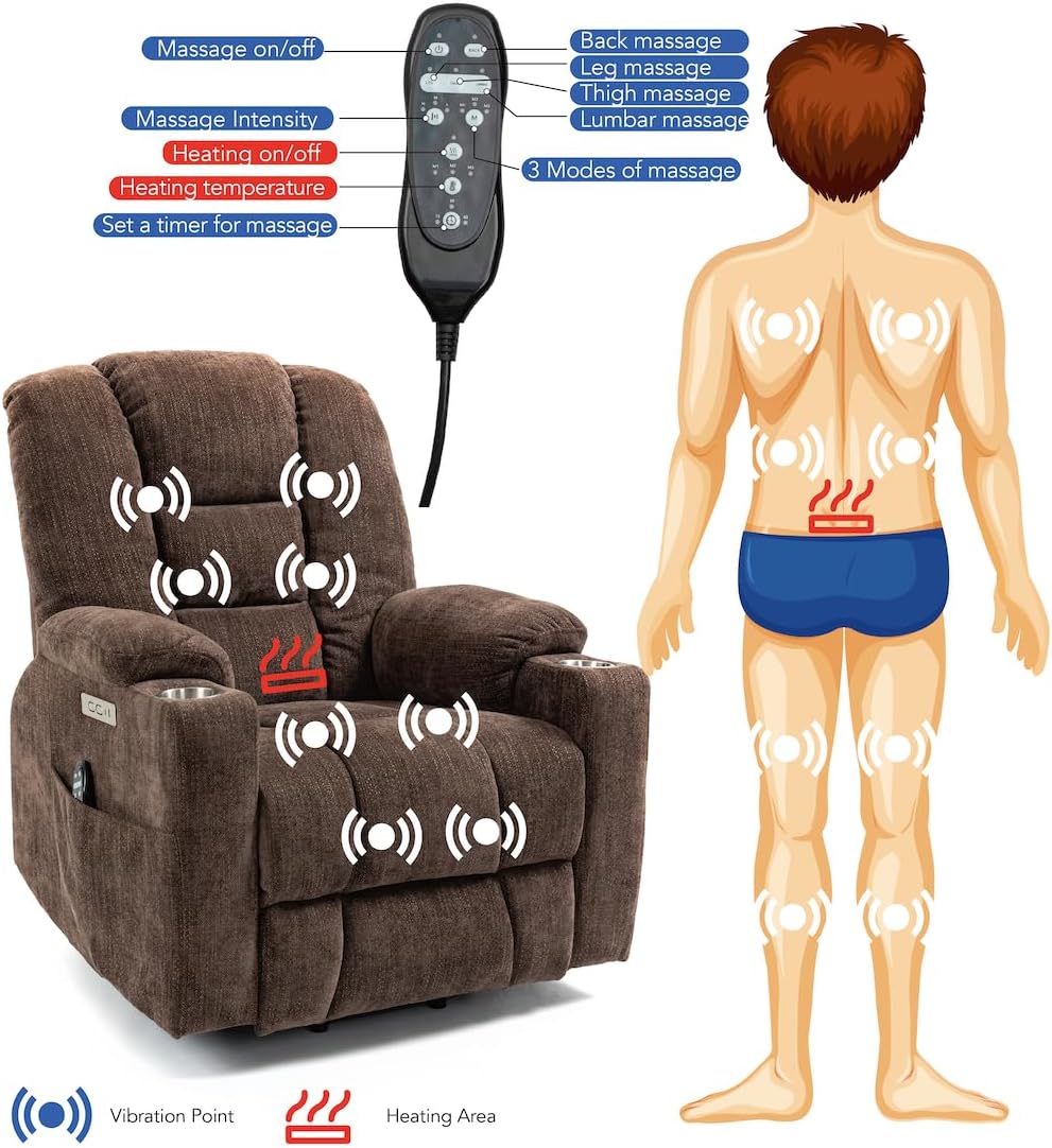 Large Power Massage and Heat for Elderly, Overstuffed Wide, Heavy Duty Motion Mechanism with USB and Type C Ports Lift Recliner Chair, Brown