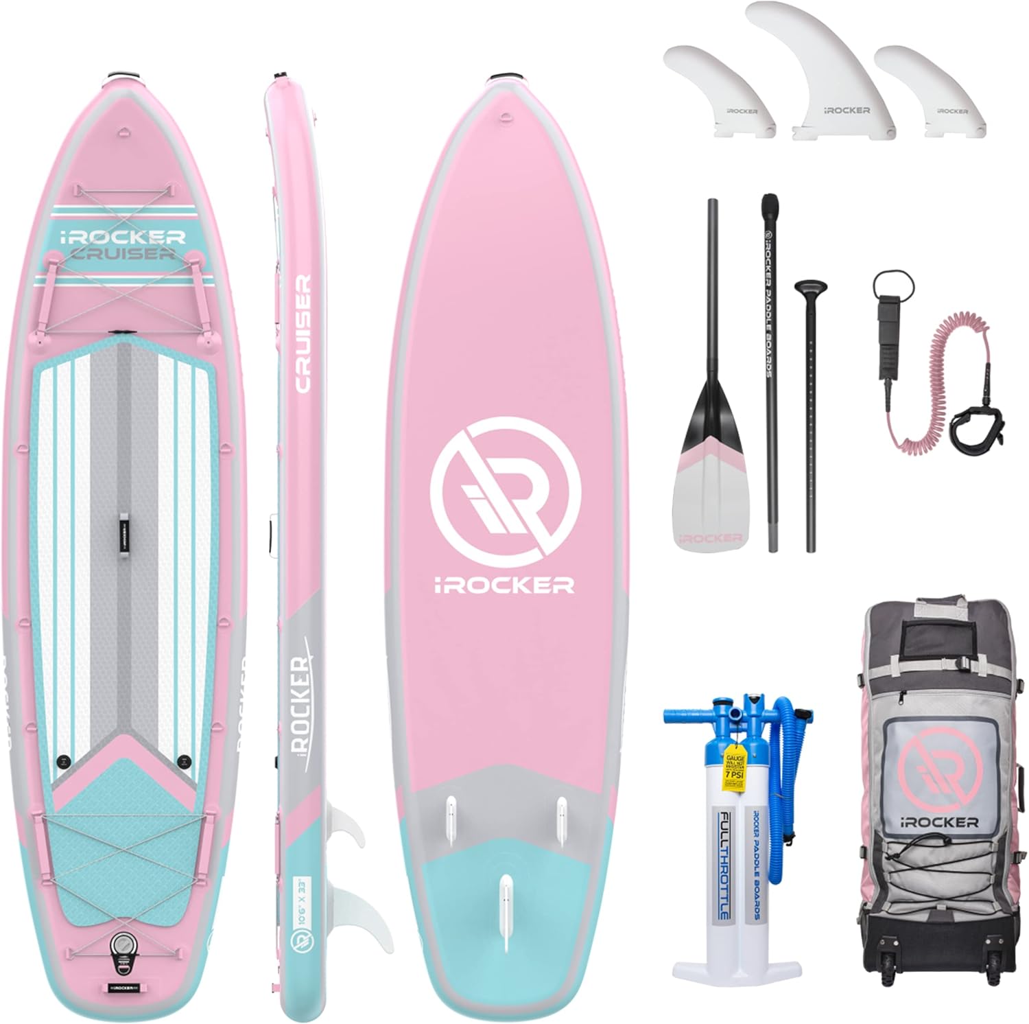 iROCKER Cruiser Inflatable Stand Up Paddle Board, Extremely Stable 10'6 Long 33 Wide 6 Thick Premium SUP with Roller Bag, Carbon Paddle, Pump, Leash, Fins & Repair Kit