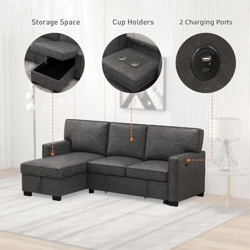 Convertible Sleeper Sofa 3 in 1, Chenille Modern L-Shaped Couches for Living Room, Pull Out Sectional Futon Sofa Bed with Storage Space, USB Ports and Cup Holders for Bedroom, Grey