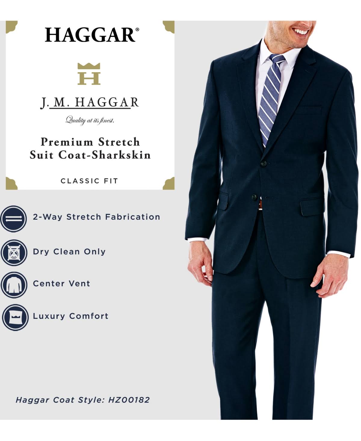 J.M. Haggar Premium Stretch Classic Fit Suit Jacket, 38 Regular, Blue
