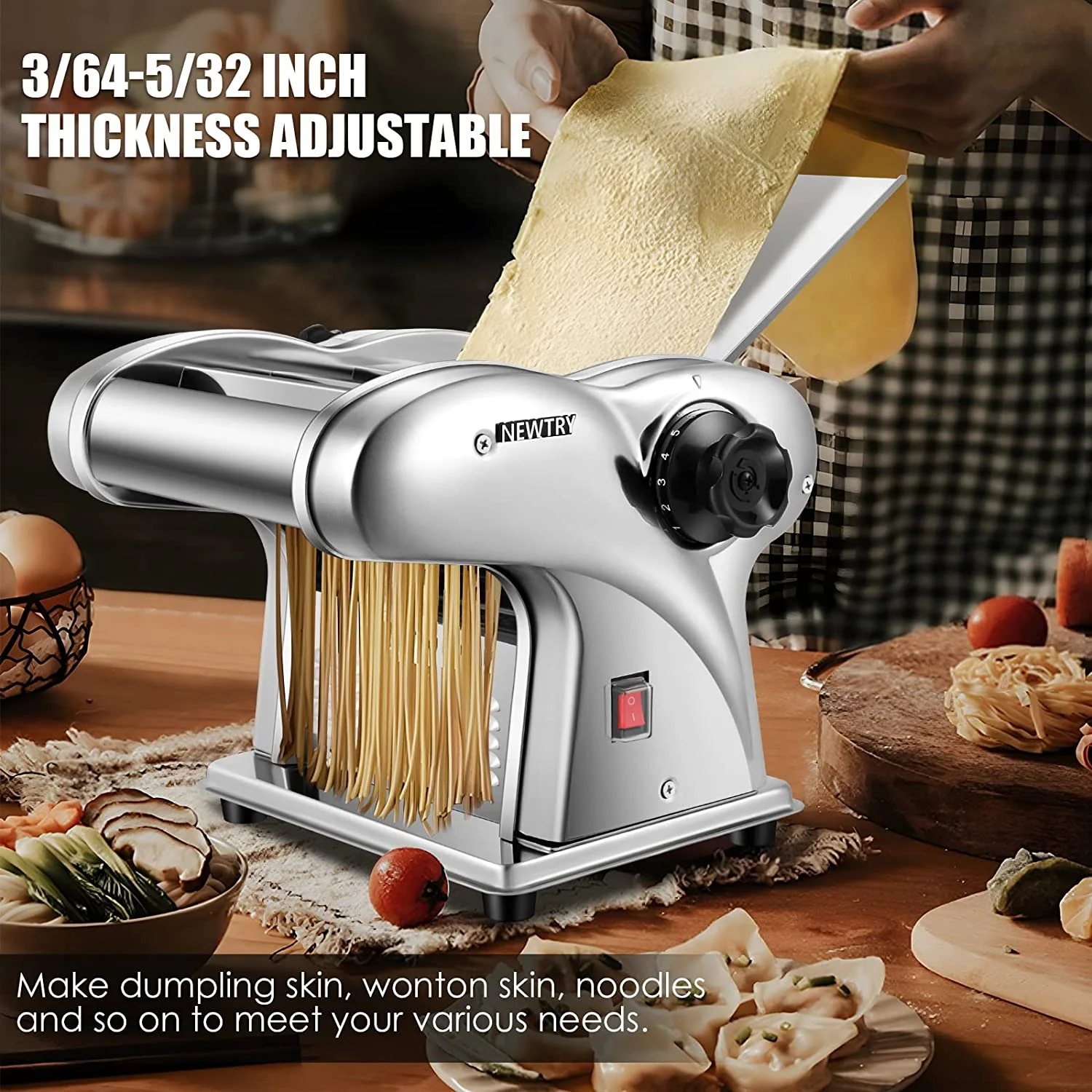 OUWI Electric Pasta Maker Noodle Maker Pasta Making Machine Dough Roller Cutter Thickness Adjustable Stainless Steel US 110V for Family Use 3 Blades Type