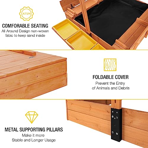 Aivituvin Kids Sand Boxes with Canopy Sandboxes with Covers Foldable Bench Seats, Children Outdoor Wooden Playset - UPGRADE Retractable Roof (47x47Inch)