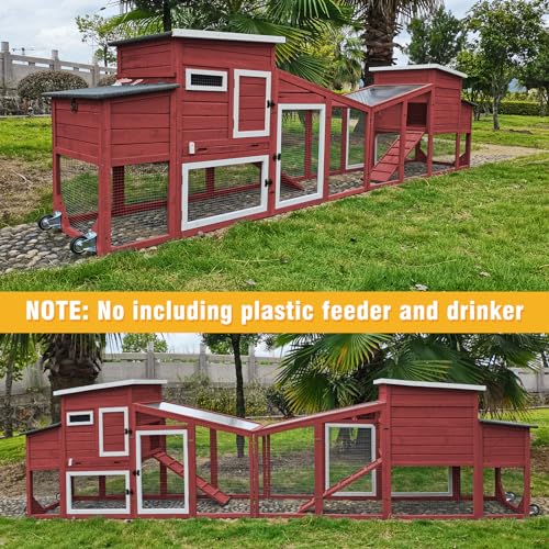 156" L Chicken Coop with Wheels Large Chicken House with Run Backyard Wooden Hen House Outdoor for 4-6 Chickens Poultry Cage with Nesting Boxes, Pull Out Trays, 4 Perches, Set of Two, Grey