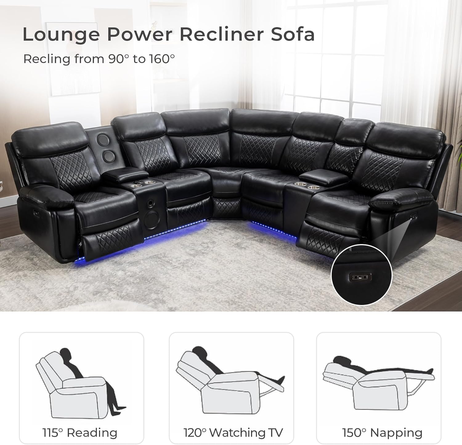 Power Reclining Sectional with Bass Speaker LED Light Recliner Faux Leather Reclining Sectional Couch Sofa Electric L-Shape Sectional Recliner USB Port,Cup Holder,Storage Console for Living Room Black