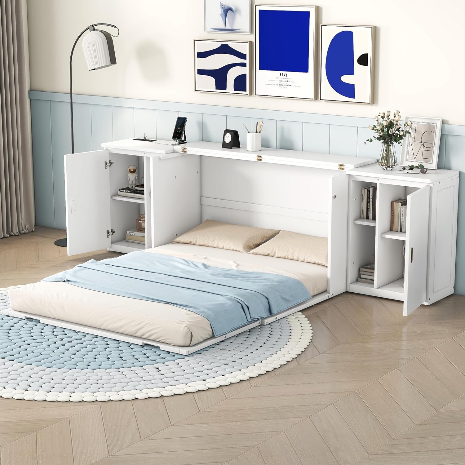 Queen Size Murphy Bed with Shelves and Cabinets,Murphy Wall Bed Queen with USB Ports,Queen Murphy Bed Cabinet for Kids,Boys,Girls,Adults,Bedrooms, Children's Rooms, Space Saving,White
