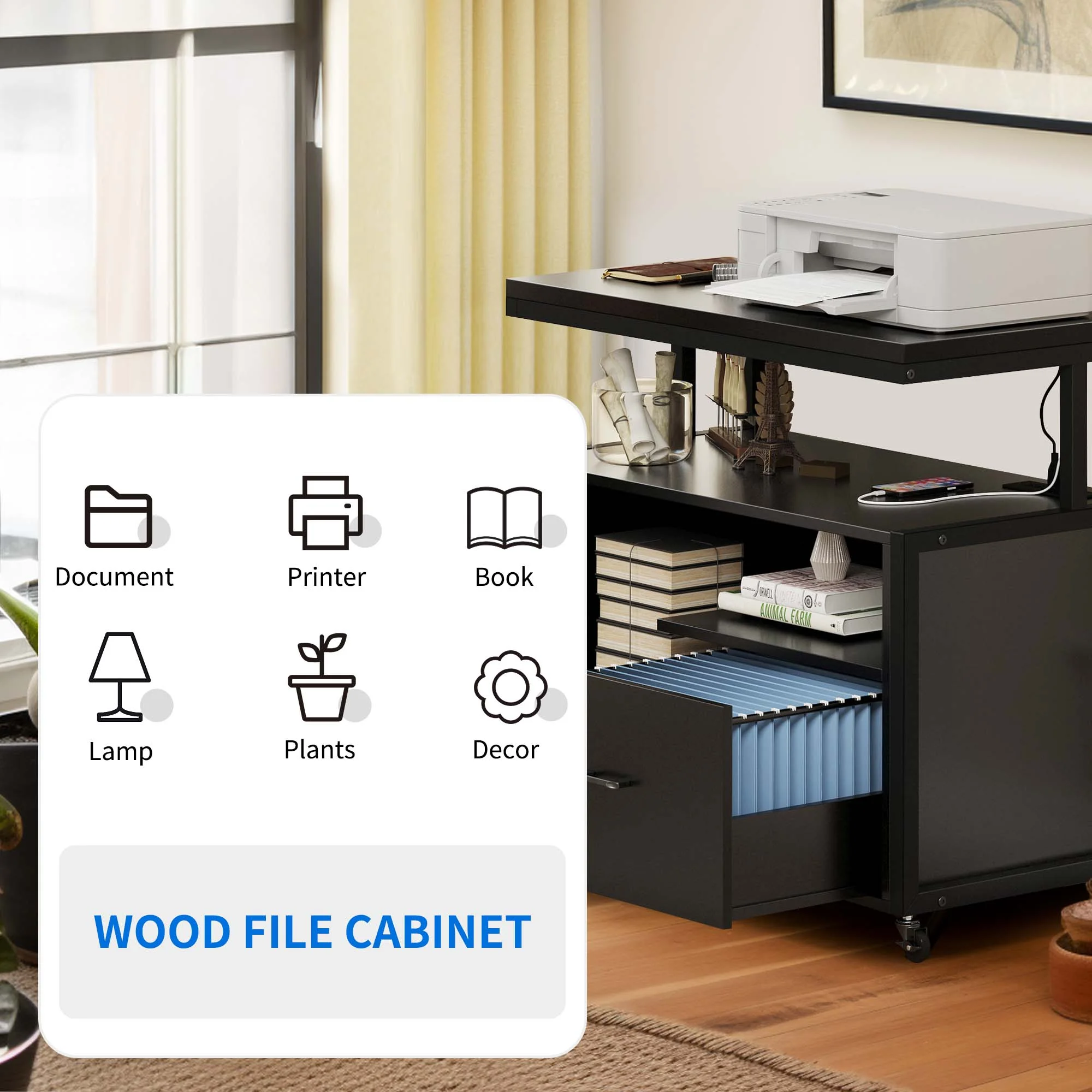 DWVO Wood File Cabinet with Charging Station, Rolling Lateral Filing Cart with Door & Printer Shelf for A4 Letter Size Files for Home Office