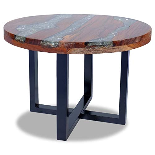 Coffee Table Teak Resin 23.6",Round Coffee Table with Resin Decoration, Rustic Teak & Mango Wood Table for Living Room or Bedroom