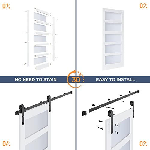 36x84 Inch Glass Sliding Barn Door Slab and 6.6ft Hardware Kit Included, 5 Frosted Glass, LVL Wood Panel Covered with White Water-Proof Scratch-Proof PVC Surface, Simple DIY Assembly