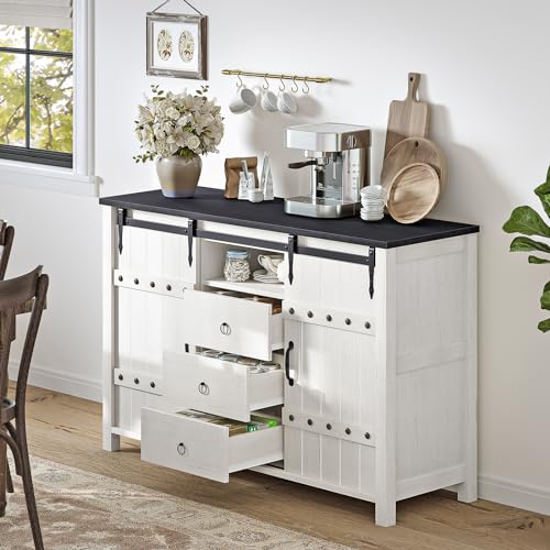 REAHOME Farmhouse Dresser for Bedroom Wood Dresser 48" Wide Modern Chest of Drawers with 3 Drawers & 2 Sliding Barn Doors Rustic Dresser TV Stand for Bedroom, Living Room, Kitchen - Rustic Brown