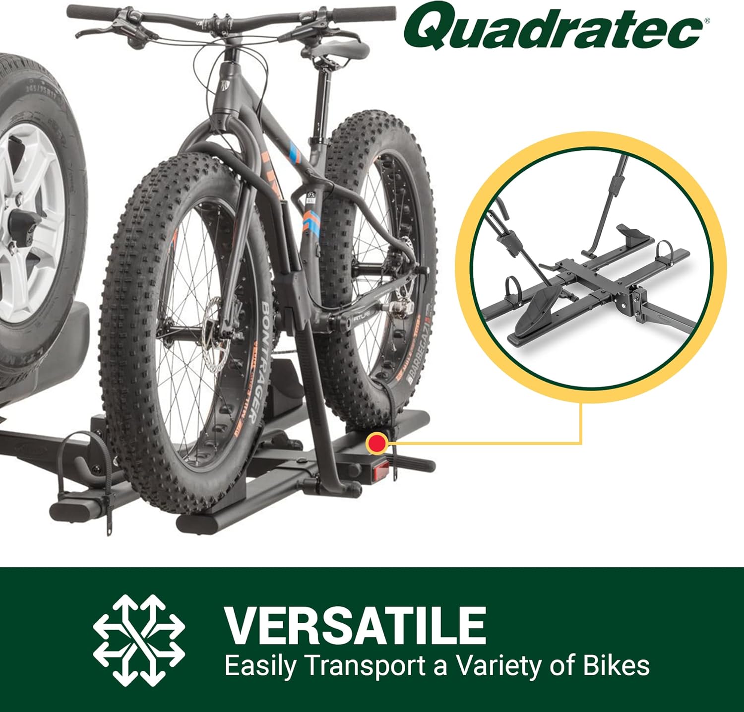 Quadratec Deluxe 2-Bike Hitch Mount Bike Rack for eBikes - Supports Heavy Electric Bikes & Fat Tires Up to 4" Wide - Swing Away & Folding Feature - Fits Jeep Wrangler, SUVs, RVs, Trucks, & Trailers