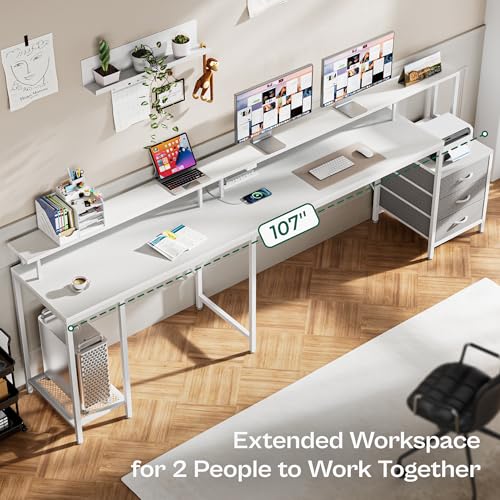 L Shaped Gaming Desk with LED Lights and Power Outlets, Computer Desk with Drawers, 66.1 Inches Corner Desk, Home Office Desk with Printer and Monitor Stand, Large Storage, Rustic Brown