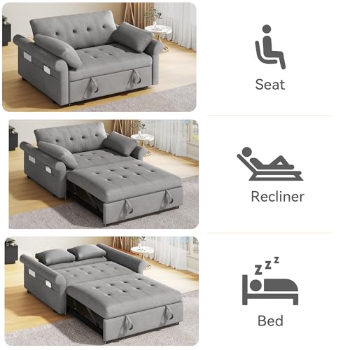 DWVO Sleeper Sofa Bed 3-in-1 Convertible Couch with Pullout Bed, 55'' Loveseat Sleeper Sofa Bed with Reclining Backrest with 2 Pillows and Storage Bag for Living Room, Bedroom, Apartment, Blue Gray