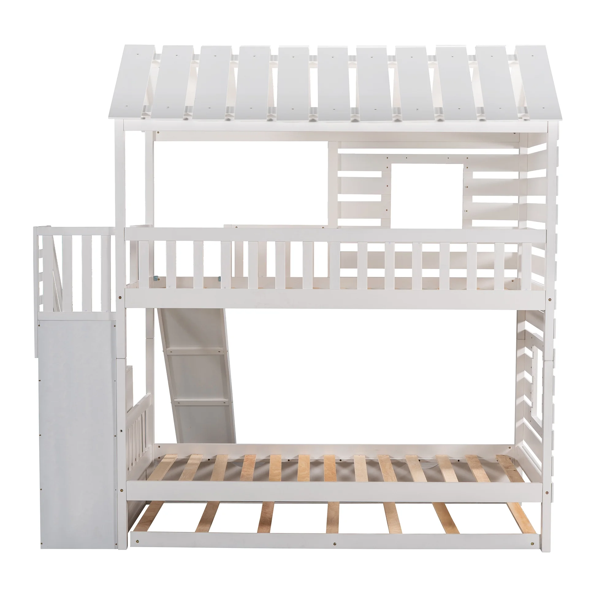 Stairway House Bed Solid Wood Twin over Twin Bunk Bed with Trundle and Slide, Storage Staircase, Roof and Window Design for Toddler Kids Teens
