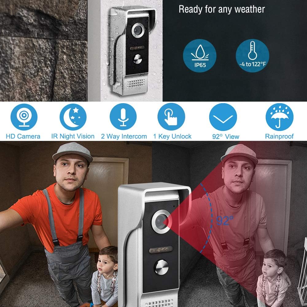 AMOCAM Video Intercom System, 7 Inches Monitor Wired Video Door Phone Doorbell Kits, IR Night Vision Camera Door Intercom, Support Unlock, Monitoring, Dual-Way Intercom for Home Video Surveillance