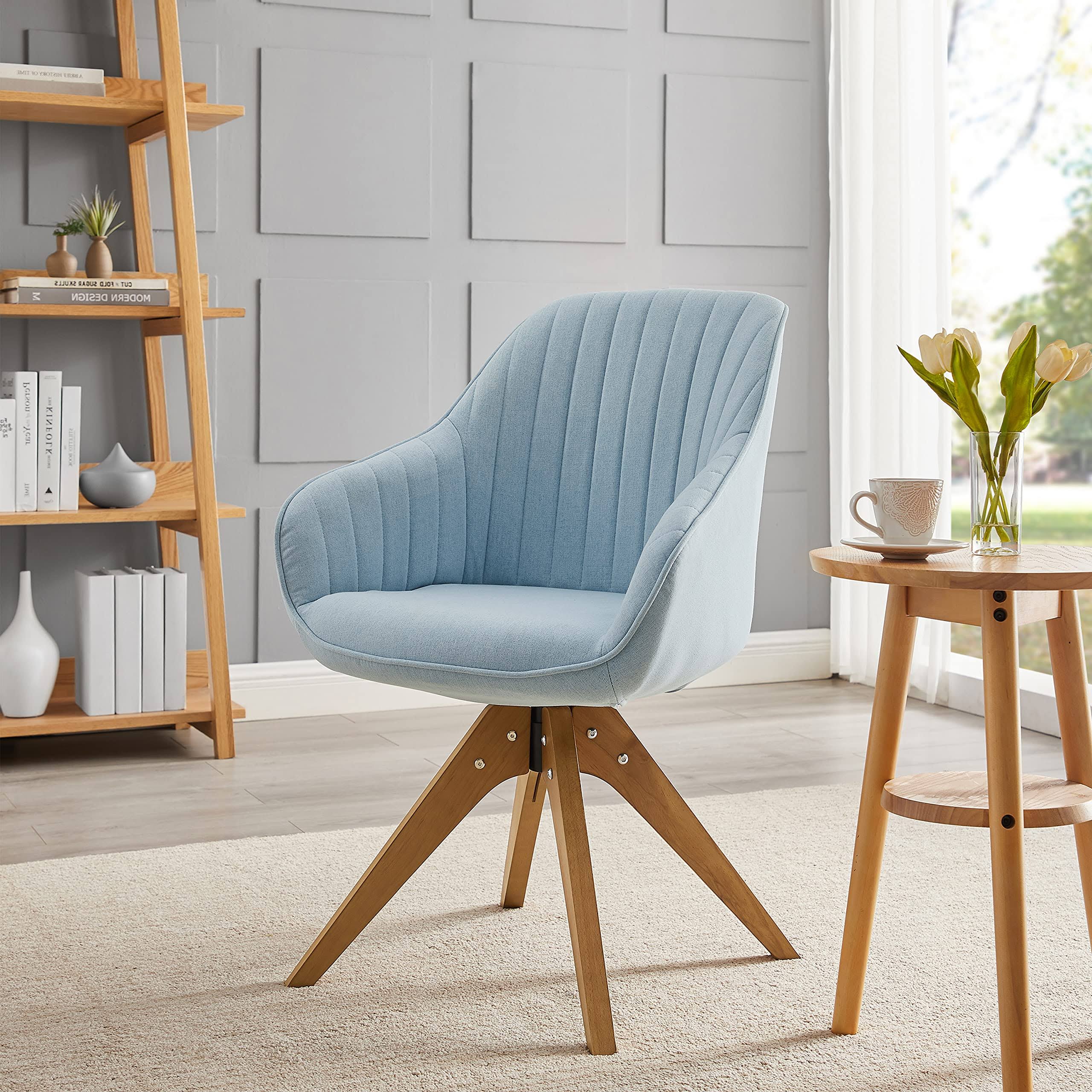 Art Leon Arthur Blue Fabric Mid-Century Swivel Office Accent Arm Chair with Wood Legs