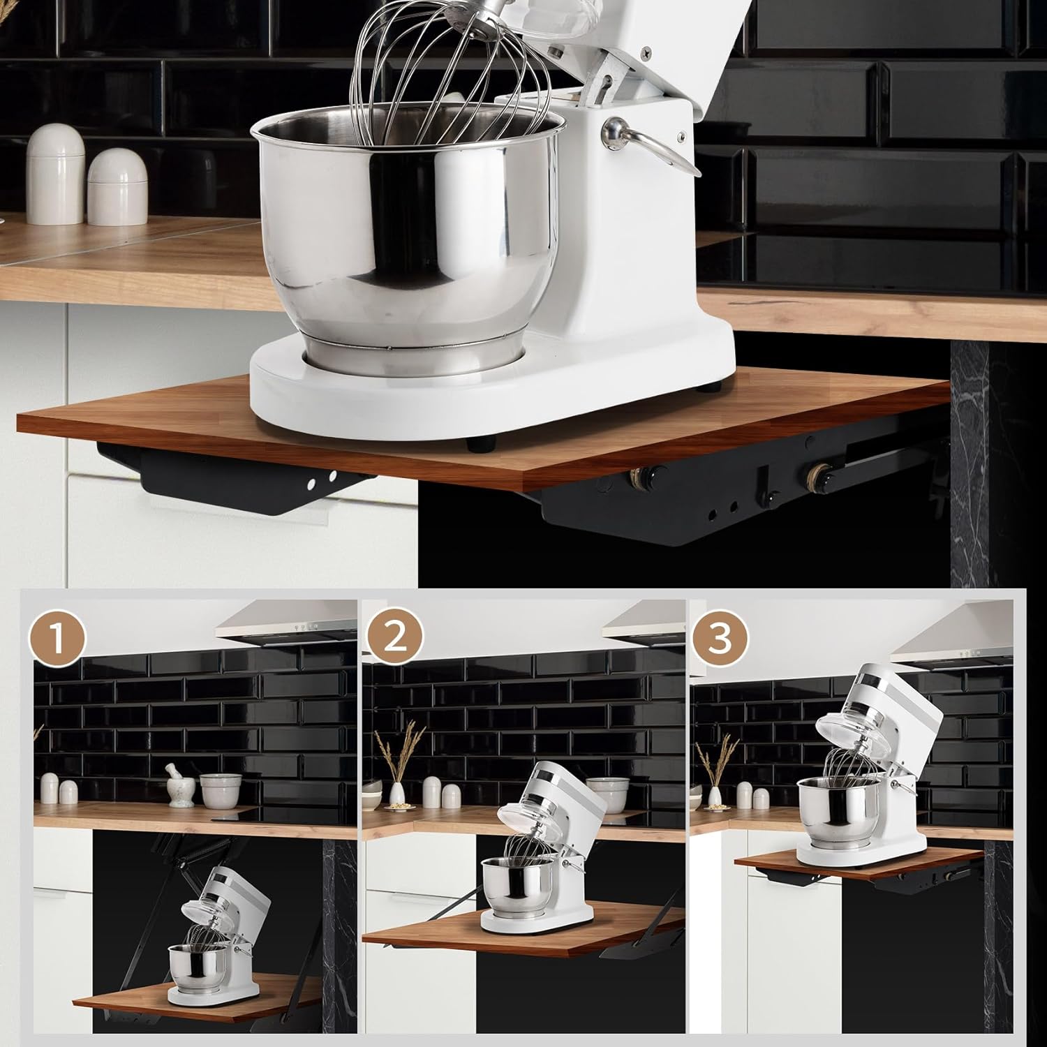 Mixer Lift for Cabinet, Appliance Lift with Soft-Close, Space-Saving Design, Locking Mechanism, Holds Up to 60 LBS, Zinc Finish, for Small Kitchen Appliances.