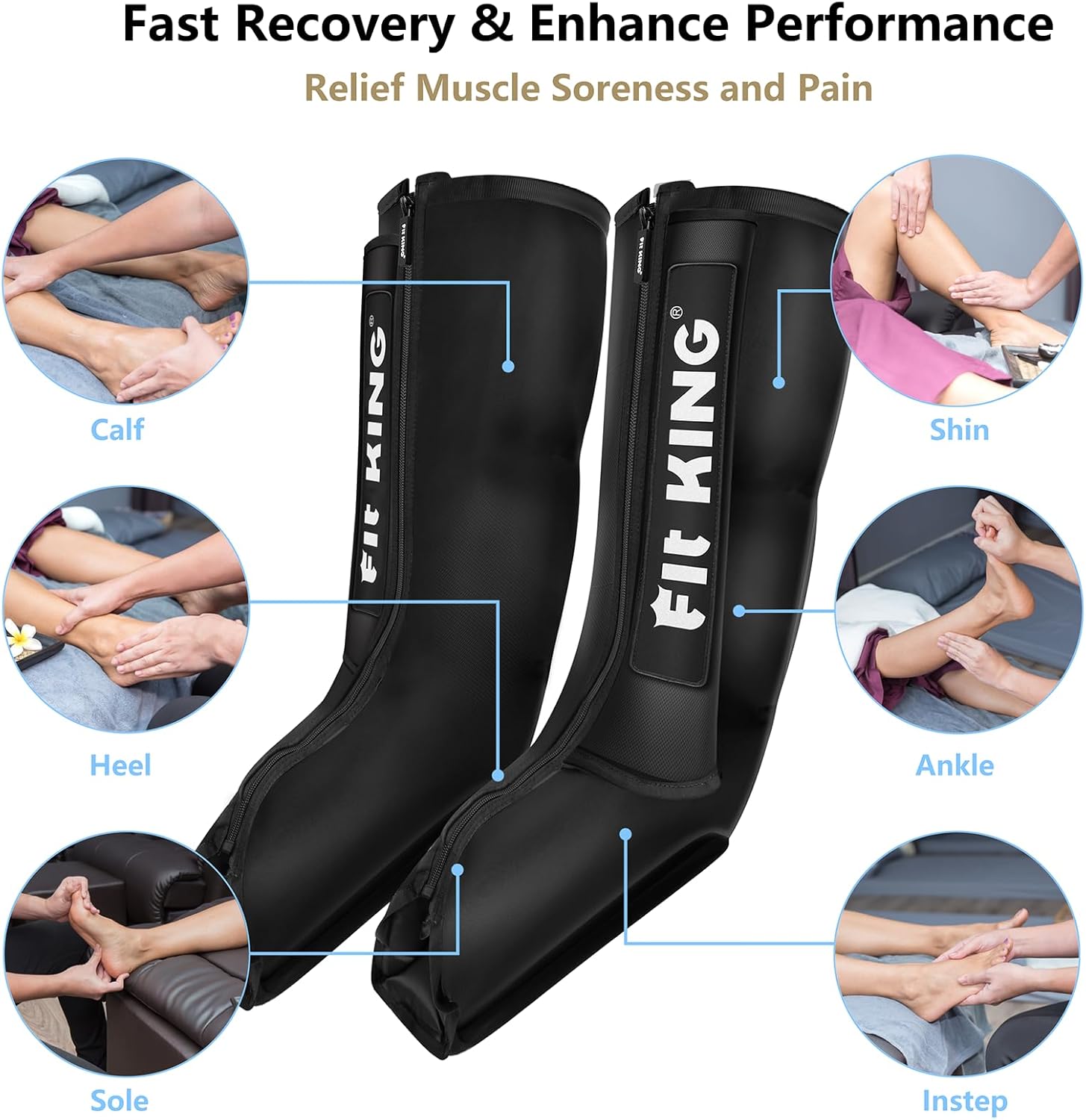 FIT KING Leg Compression Boots Massager for Foot and Calf Recovery, Help for Blood Circulation, Muscle Relaxation, Relief Soreness and Pain, FSA or HSA Eligible (Foot+Calf)