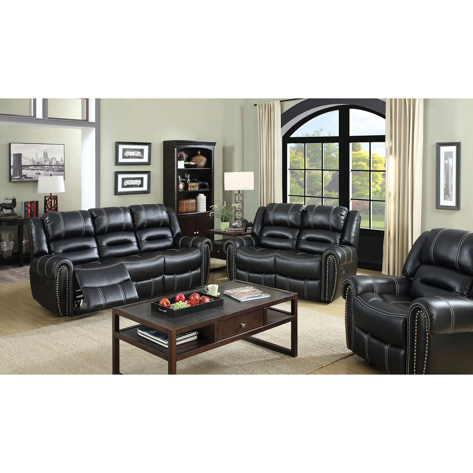 Black Leatherette Reclining Sofa And Loveseat 2pc Set Sofa Cushion Couch Nailheads Living Room Furniture Recliners