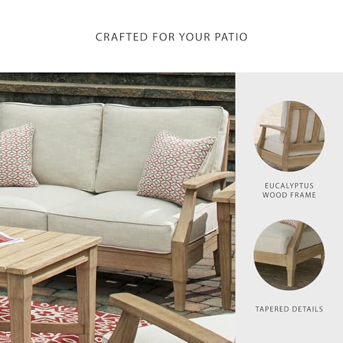 Signature Design by Ashley Carter Hall Outdoor Eucalyptus Patio Sofa with Cushion, Beige
