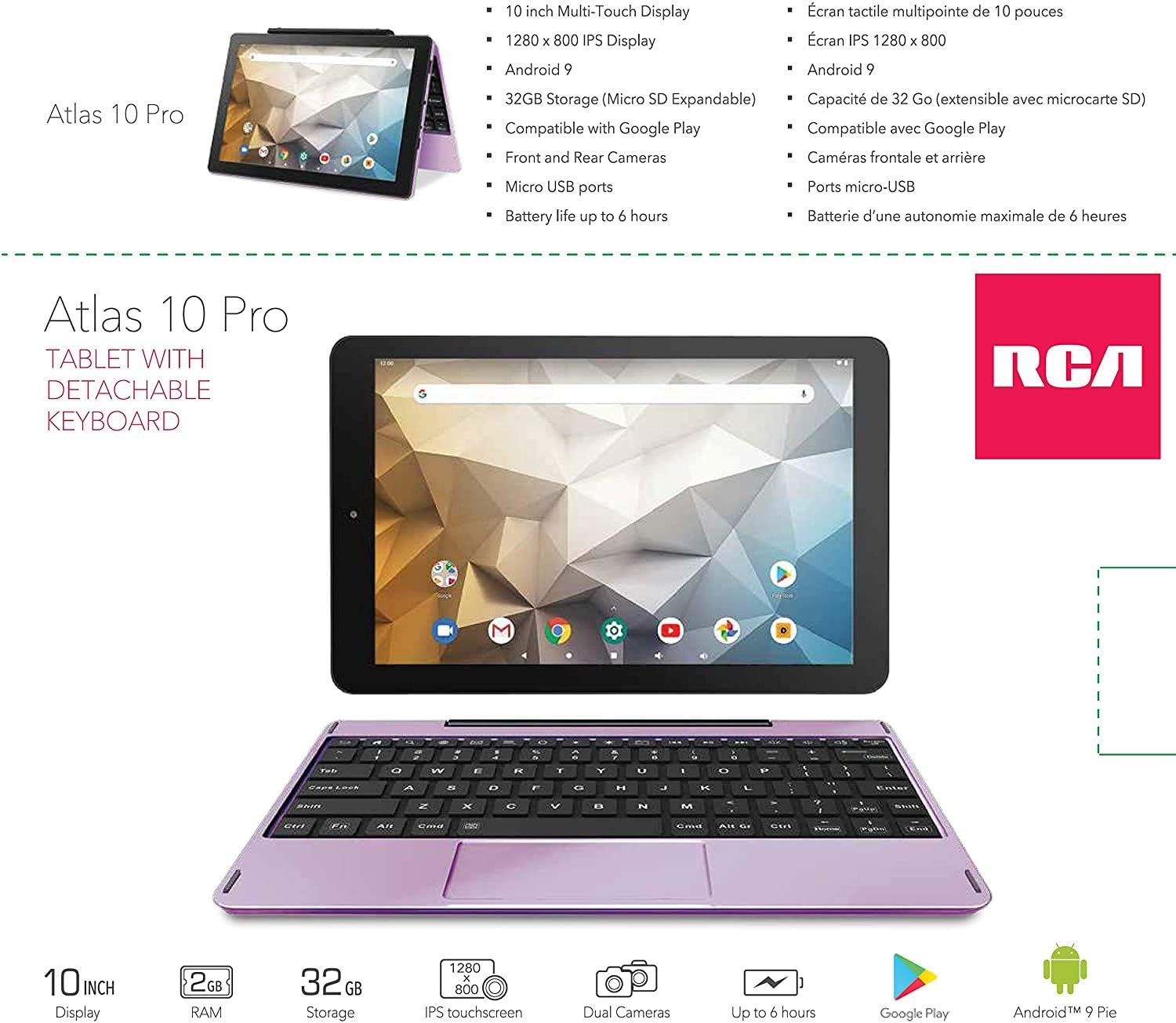 New RCA Tablet Quad-Core 2GB RAM 32GB Storage IPS HD Touchscreen WiFi Bluetooth with Detachable Keyboard Android 9 (10", Lavender)