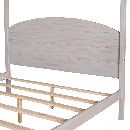 Full Size Canopy Platform Bed, Modern 4-Poster Panel Beds Frame, with Headboard and Support Legs, Noise Free/No Box Spring Needed, Grey Wash,bed frame(Brown,Full)