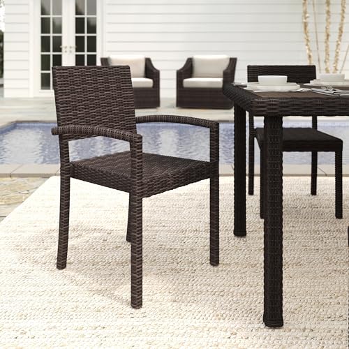 Martha Stewart Bedford Indoor-Outdoor Stackable Patio Armchairs with Rattan Wicker Finish in Brown, Set of 2
