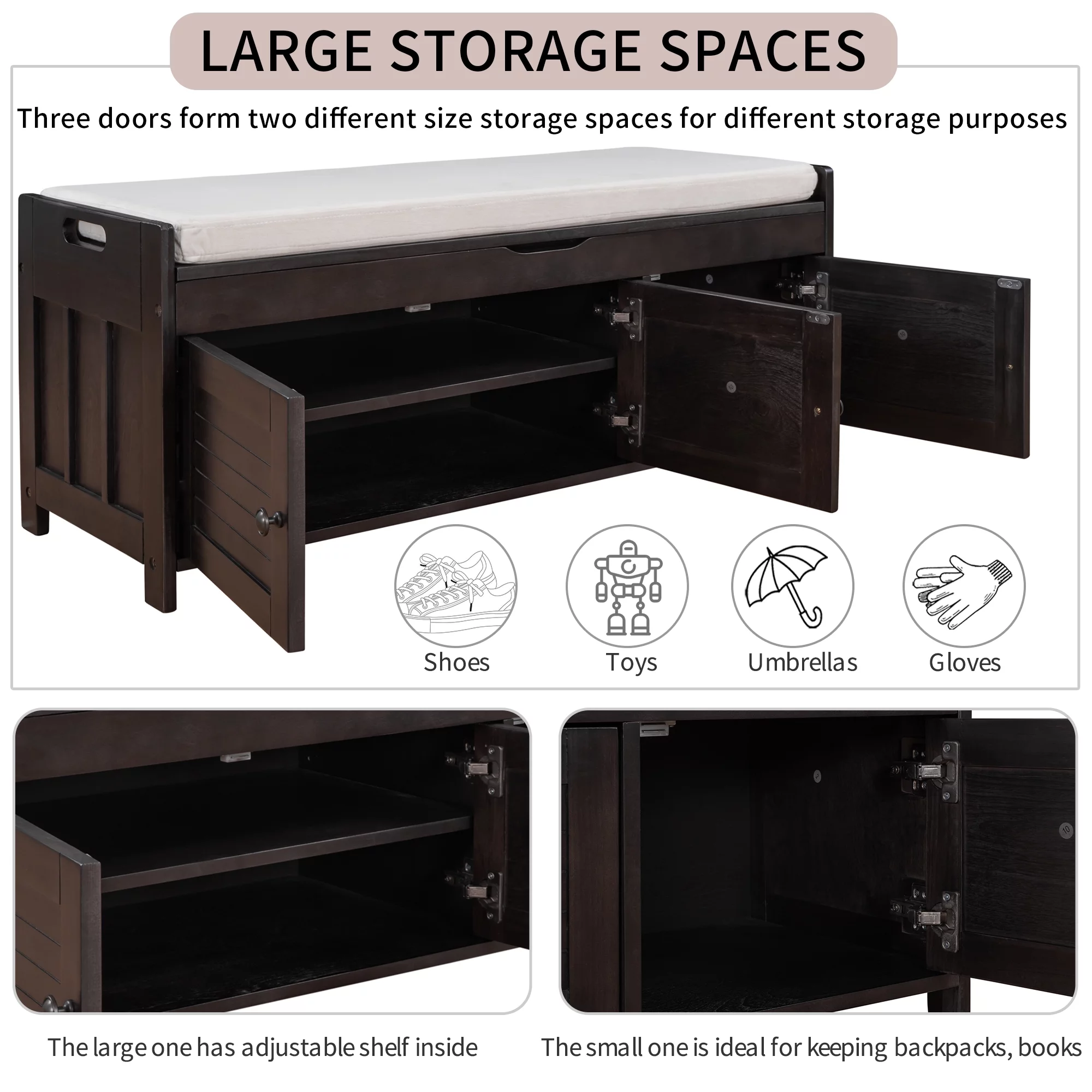 Home Entryway Storage Bench with Removable Cushion, 43.5” Wooden Shoe Storage Bench with 3 Doors, Bench Seat with Hidden Storage and Cushion, Espresso