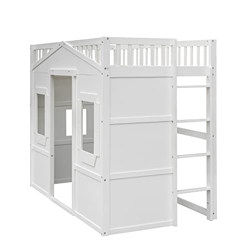 Full House Loft Bed Frame for Kids, Wood Full Loft Bed with Windows and Guardrail, Playhouse Bed, Full Size Loft Bed for Boys & Girls, No Box Spring Needed, Underbed Height is 51 Inches, White