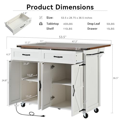 Kitchen Island with Storage, Rolling Kitchen Island Cart On Wheels with Power Outlet & Drop Leaf Countertop, Mobile Island Table for Kitchen with 2 Drawers 2 Cabinet, Spice Rack, Towel Rack, Black