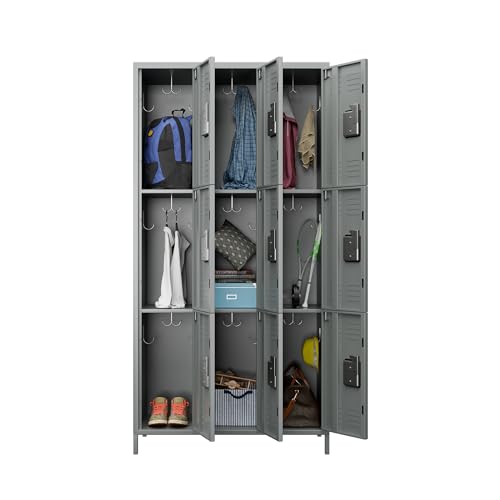 METAN Metal Storage Locker for School Office Gym Bedroom, 12 Doors Locker Cabinet for Employees, Industrial Steel Storage Locker with 12 Hooks, Assembly Required (12 Door-Light Gray)