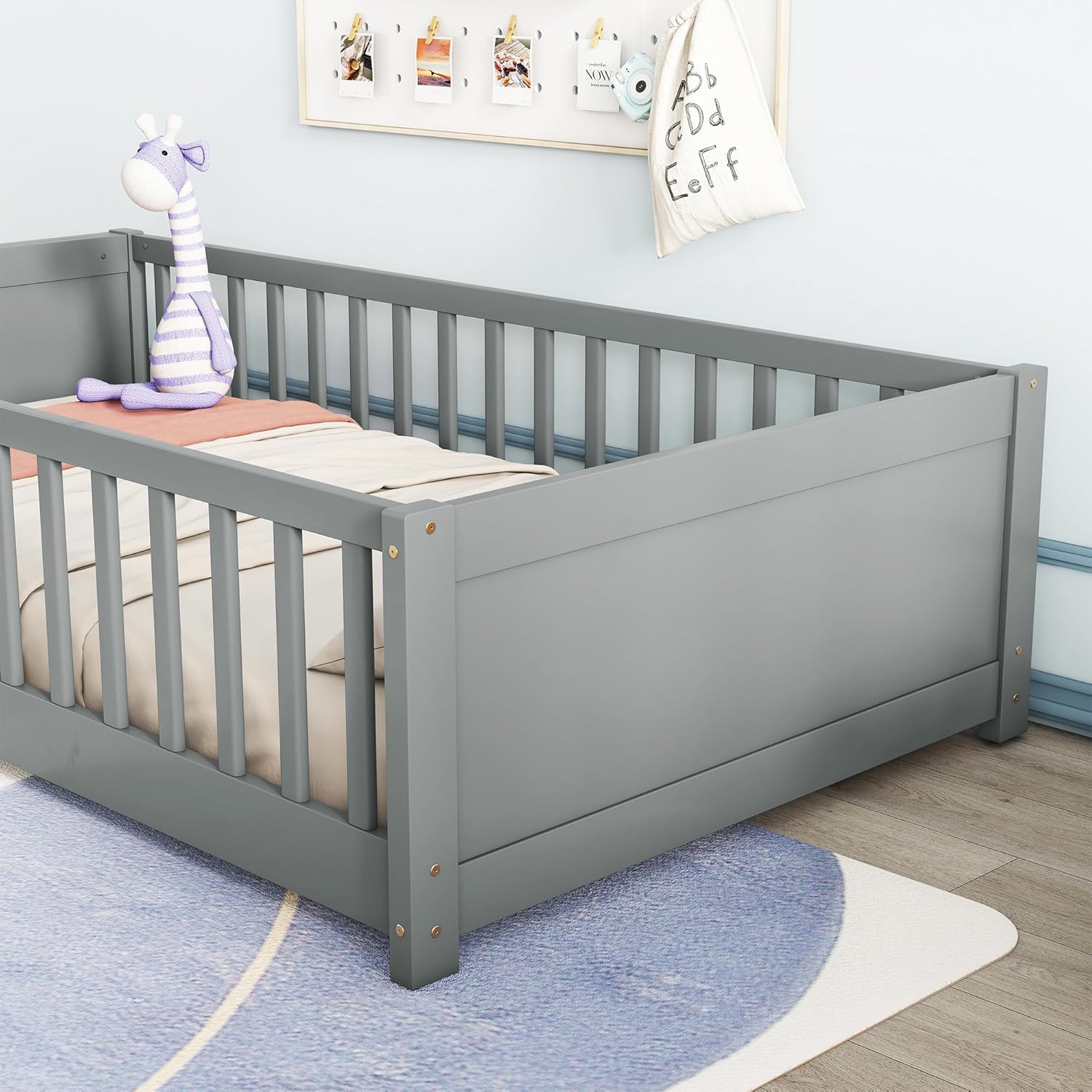Montessori Floor Bed with Safety Guardrails and Slats, Twin Size Solid Pine Wood Floor Bed Frame, for Girls, Boys, Child Bedroom, Kids Playroom (Grey)