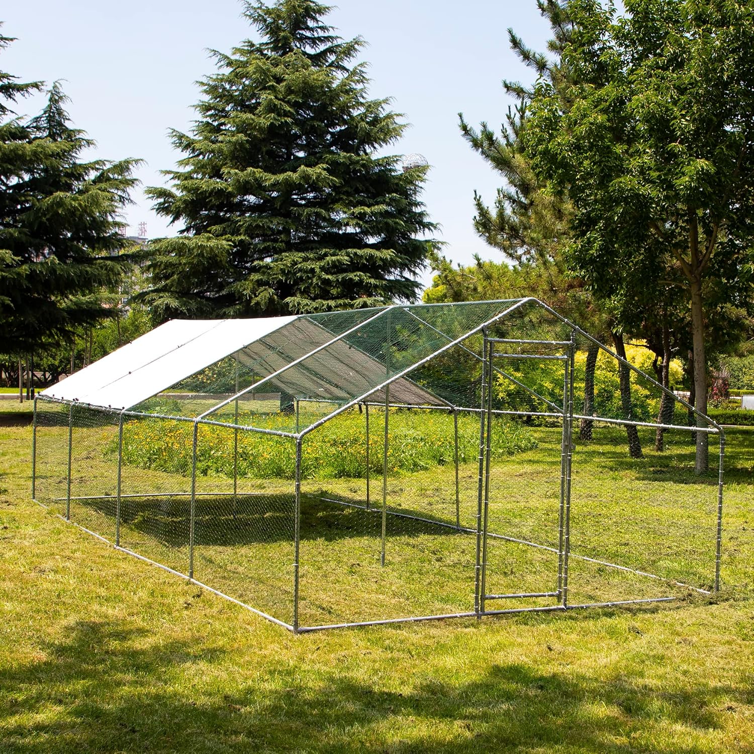 IchbinGo Large Metal Chicken Coop with Waterproof Cover, Walk-in Metal Poultry Cage Spire Shaped Coop, Chicken Run Duck House with Anti-UV Cover for Outdoor Backyard Farm (10' L x 25.5' W x 6.56' H)