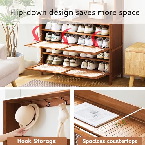 Bamboo Hall Tree with Shoe Storage, Bamboo Shoe Cabinet for Entryway, 14 Shoe Cubbies & 8 Coat Hooks, Freestanding Shoe Rack Coat Rack with Storage Shelves, 8 Hooks for Hallway, Bedroom, Rustic Brown