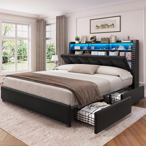 SEDETA Full Size Bed Frame with Headboard & 4 Drawers, LED Bed Frame with Charging Station, Upholstered Bed with Storage Headboard, No Box Spring Needed, Easy Assembly, Grey