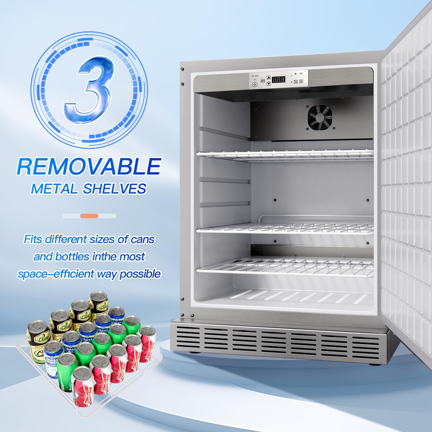 24 Inch Outdoor Refrigerator, Built-in Stainless Steel Beverage Beer Cooler Under Counter Fridge, Indoor/Outdoor Refrigerator with 3 Shelves for Patio Kitchen and Commercial Use