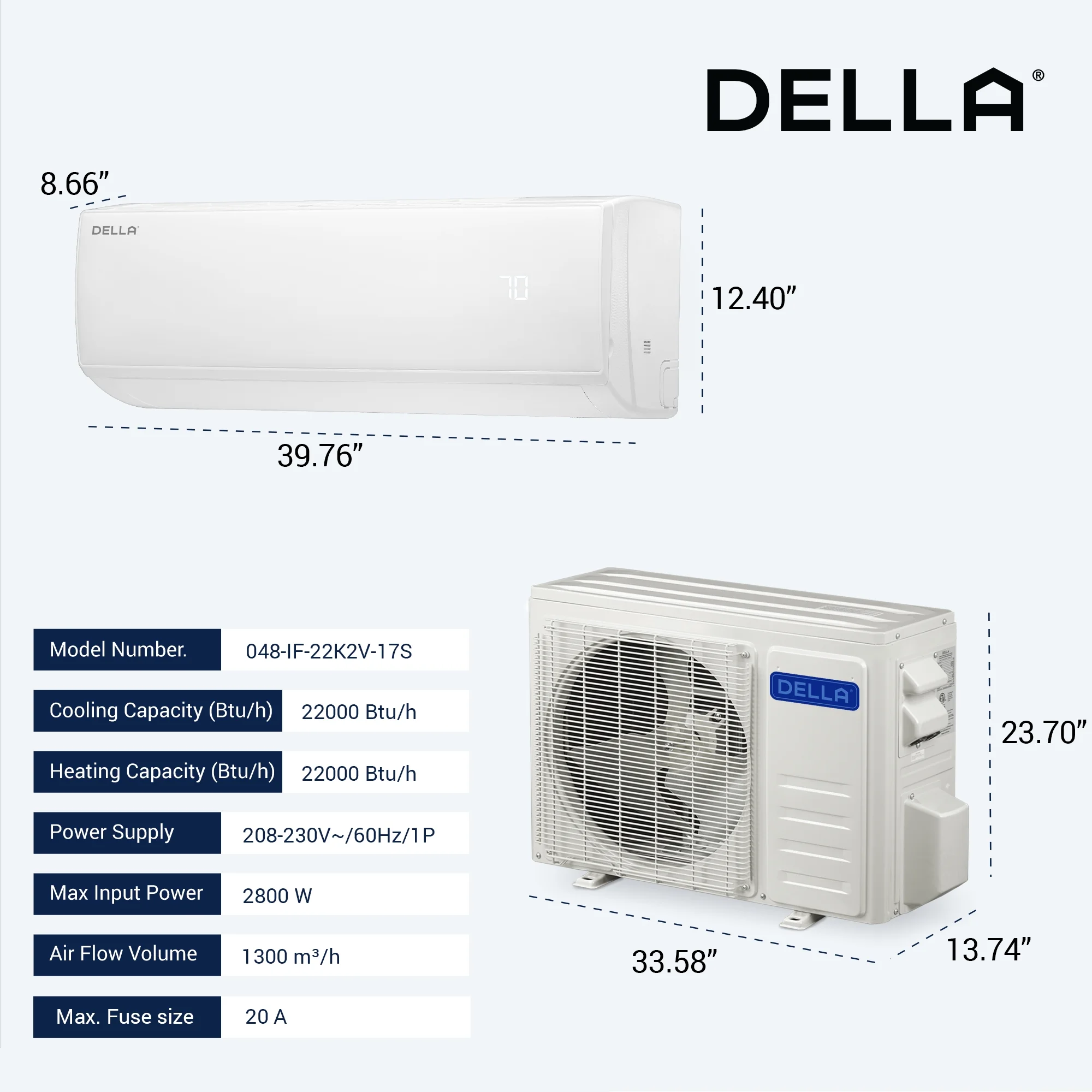 DELLA 22000 BTU Mini Split Air Conditioner 17 SEER2 Cools up to 1500 Sq. Ft, 230V, Works with Alexa, Wifi Enabled Air Conditioner & Heater Ductless Inverter System with Heat Pump, Installation Kit