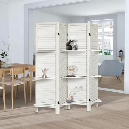 Room Divider with Shelves, Privacy Screen, Room Dividers and Folding Privacy Screens, 5 Panel Wood Temporary Wall Partition Separation Separator, Coconut