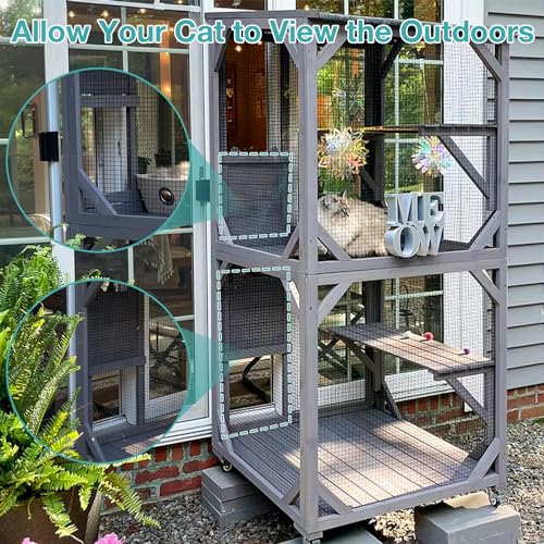 Catio Outdoor Cat Enclosure,Cat House with Wheels,Upgraded cat Scratching Post，Resting Box,Waterproof Roof for Patio Garden (Grey, 31.5" L x 31.5" W x 70.9" H)