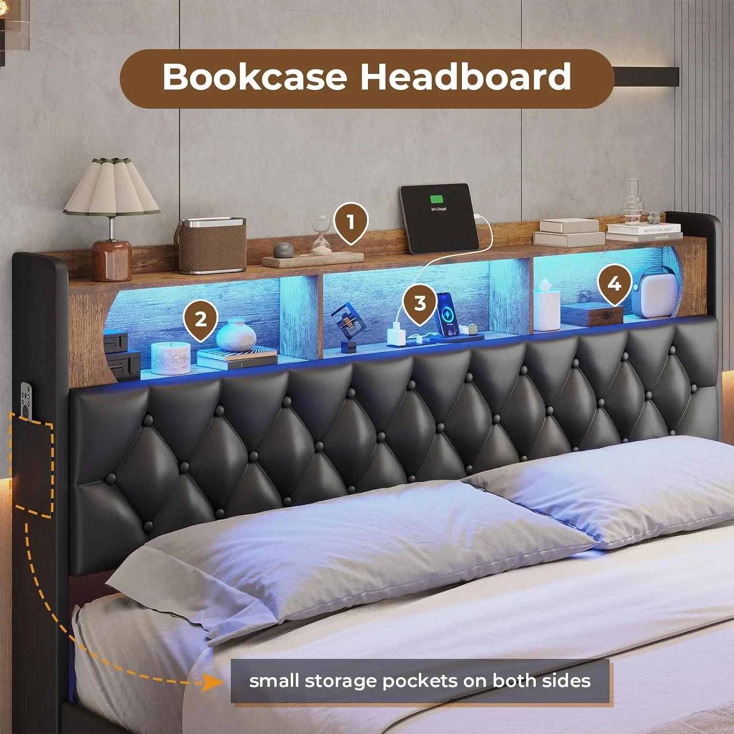 Full Size Floating Bed Frame with LED Light&Charging Station, Upholstered Platform Bed with Storage Headboard, Noise-Free, Black - Curated Treasures Market