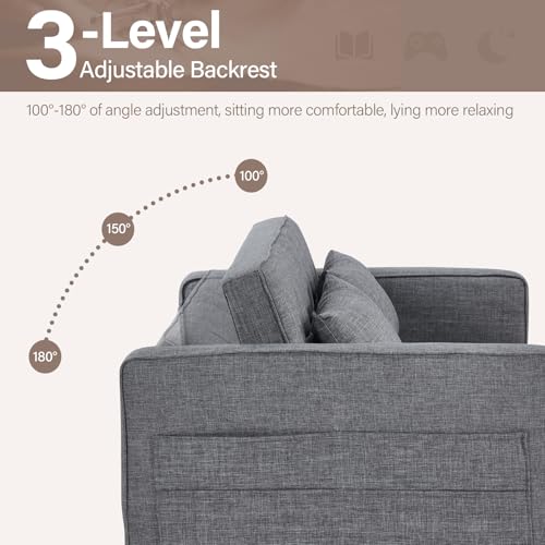 3-in-1 Convertible Sleeper Sofa Bed, Futon Couches with Pullout Bed, 2-Seater Loveseat Sofa with Storage Pockets, Adjustable Backrest and Toss Pillows for Living Room Apartment, Grey
