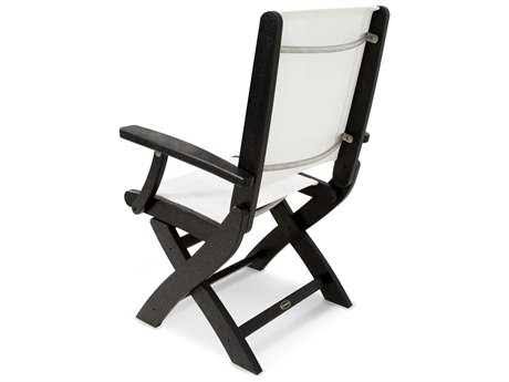 POLYWOOD Coastal Folding Chair in Sand / Navy Blue Sling