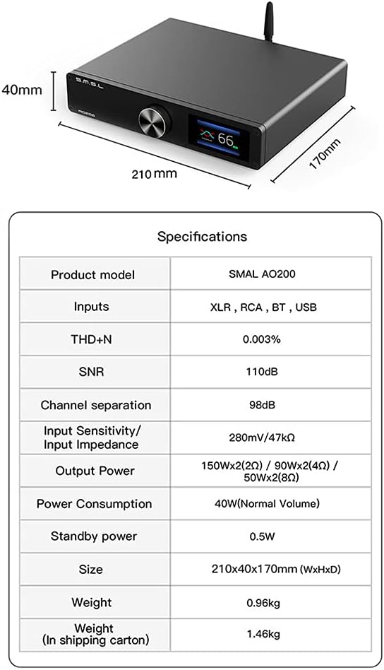 SMSL AO200 Digital Power Amplifier Bluetooth 5.0 MA12070×2 Chip 150W×150W USB/BT/XLR/RCA Input 2 Channel HiFi Desktop Amp with Remote Control for Subwoofer/Passive Speaker