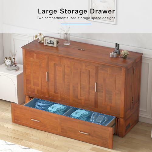 PUREMIND Queen Murphy Bed Cabinet with 2 Storage Drawers, Hideaway Murphy Chest Bed with Mattress, Cabinet Beds Wallbed with USB Charging Station for Bedroom, Guest Room