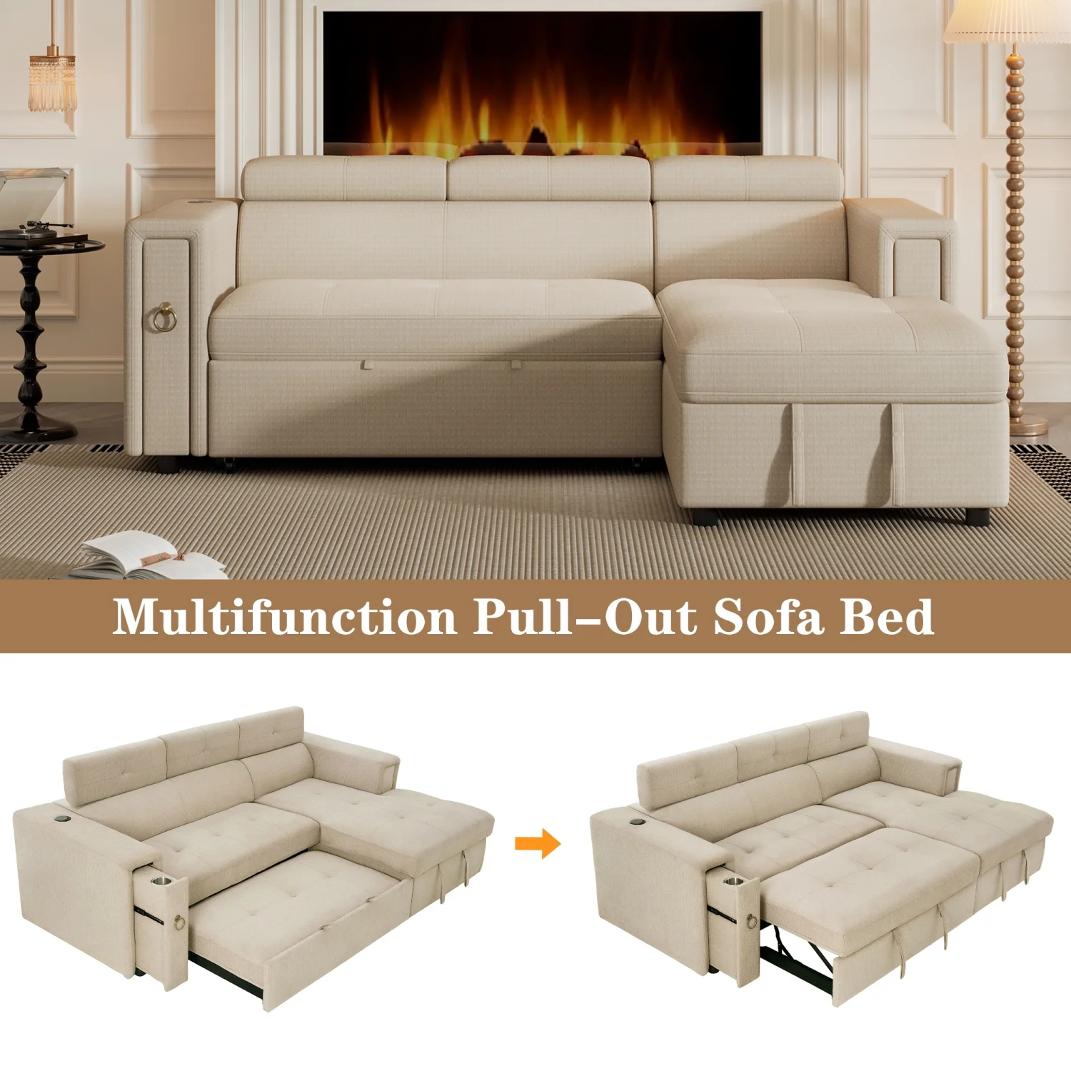 Churanty Pull Out Couch Bed with Storage and Cup Holder Sectional Sleeper Sofa with Wireless Charging L Shaped Couch with Adjustable Headrest Convertible Sofa Bed for Living Room,Beige - Curated Treasures Market