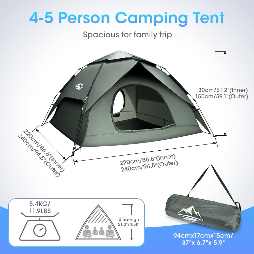Camping Tent 4/5 Person, Instant Tent Setup in 60 Seconds with Rainfly, Portable Waterproof & Windproof Tent with Carry Bag, 2 Large Mesh Windows, Double Layer, Carry Bag for Family Camping & Hiking