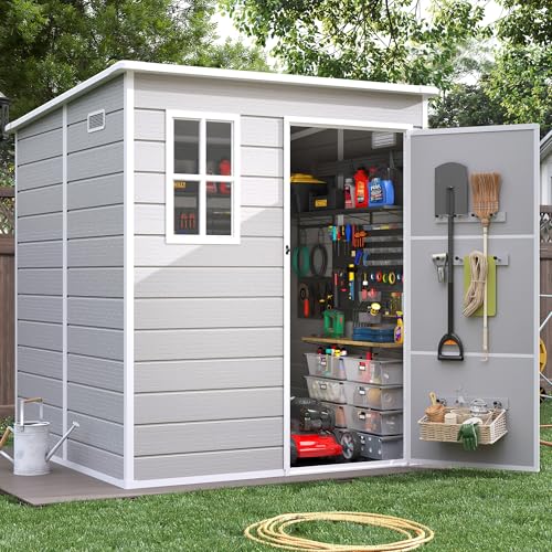 6x6FT Resin Outdoor Storage Shed, Plastic Garden Shed with Floor, Lockable Door & Window, Waterproof Tool Shed for Bike, Garbage Can, Lawn Mower, Patio Furniture Grey White