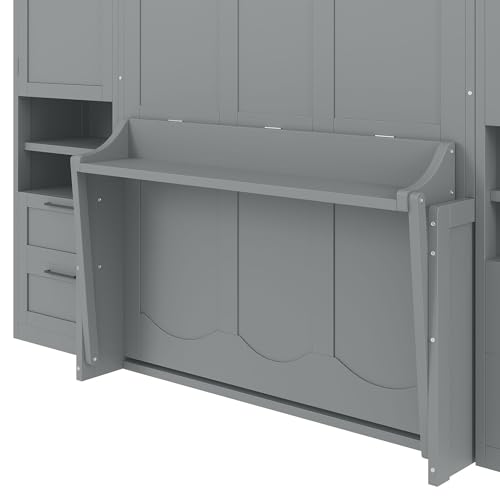 KLMM Wooden Murphy Bed Wall Bed with 2 Wardrobe and Storage Shelf,Foldable Platform Bedframe for Guest-Room Bedroom Study Office Use (White#E, Full)