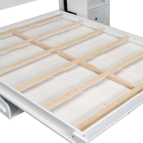 KLMM Wooden Murphy Bed Wall Bed with 2 Wardrobe and Storage Shelf,Foldable Platform Bedframe for Guest-Room Bedroom Study Office Use (White#E, Full)