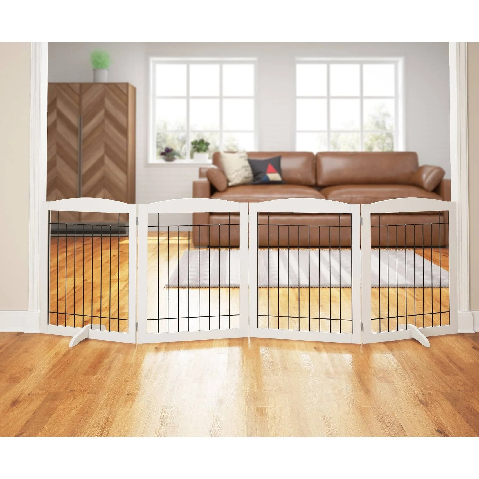 PAWLAND 96-Inch Extra Wide Dog Gate for The House, Doorway, Stairs, Freestanding Foldable Wire Pet Gate, Set of Support Feet