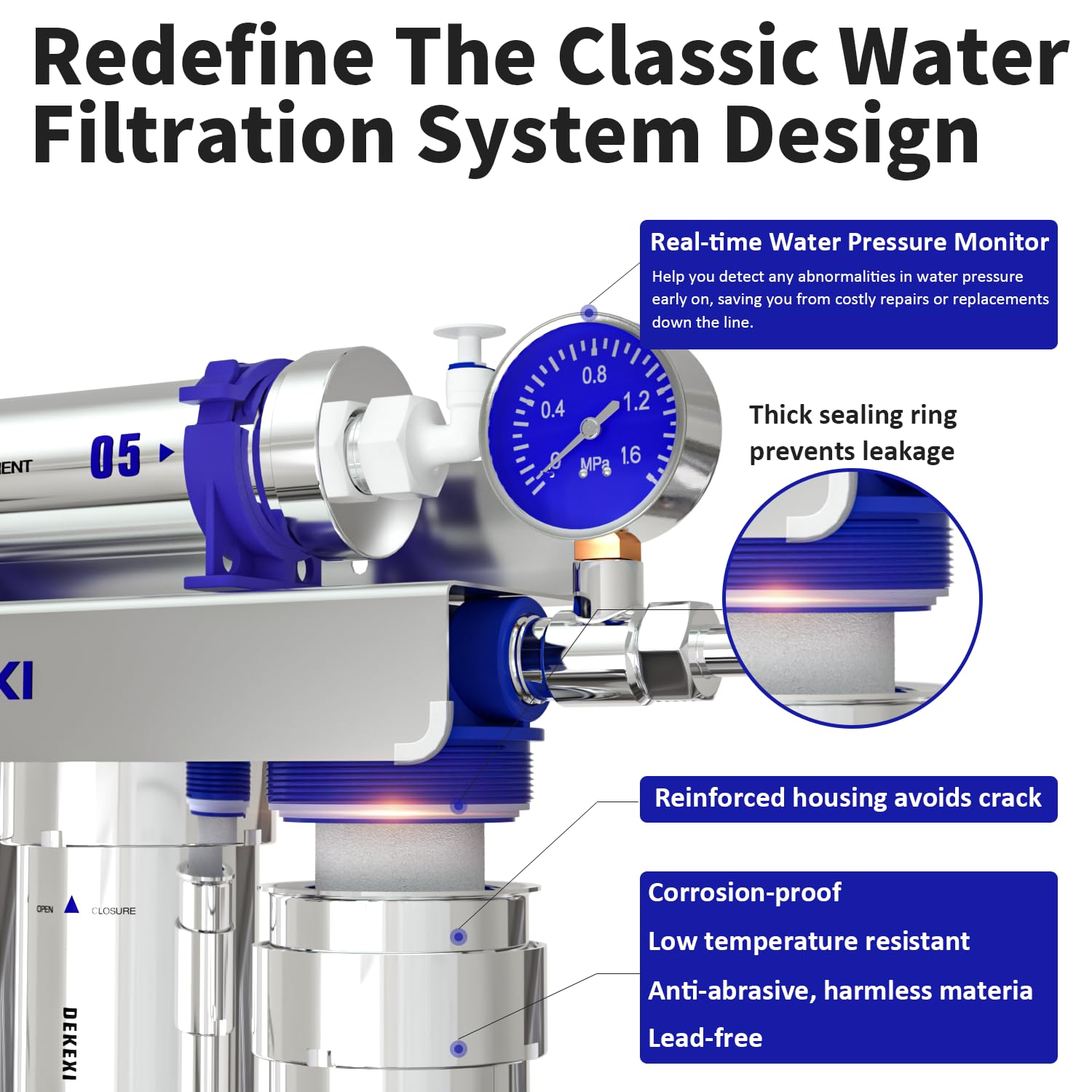 0.01μm Ultra-Filtration Under Sink Water Filter with Faucet, Stainless Steel, 5X Service Life,Remove 99.99% of Contąminants Larger Than 0.01μm,2 Mounting Options (5 Filter Included)